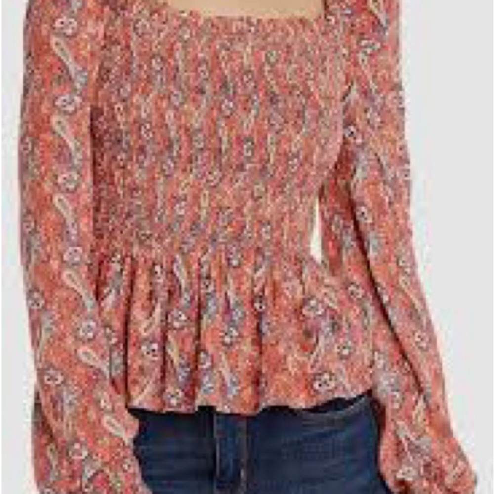 Aqua Paisley Boho Smocked Peplum Blouse - Coral